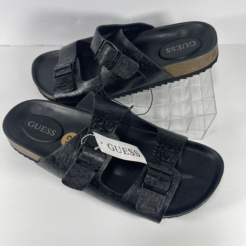 GUESS Men’s Double Strap Slide Sandals Black Logo Embossed Size 12M